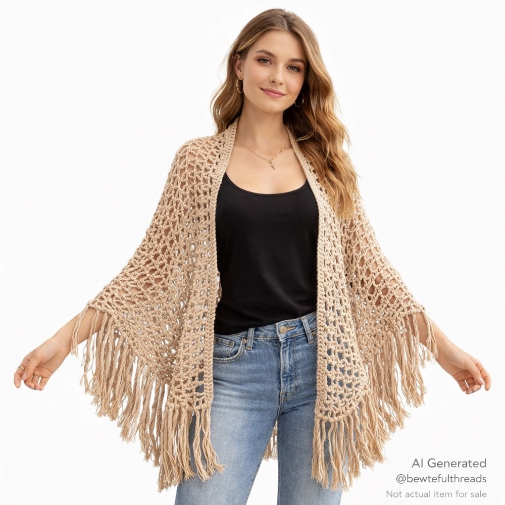 Handmade Crochet Fringe Wrap Shawl Beige Open Knit Boho One Size